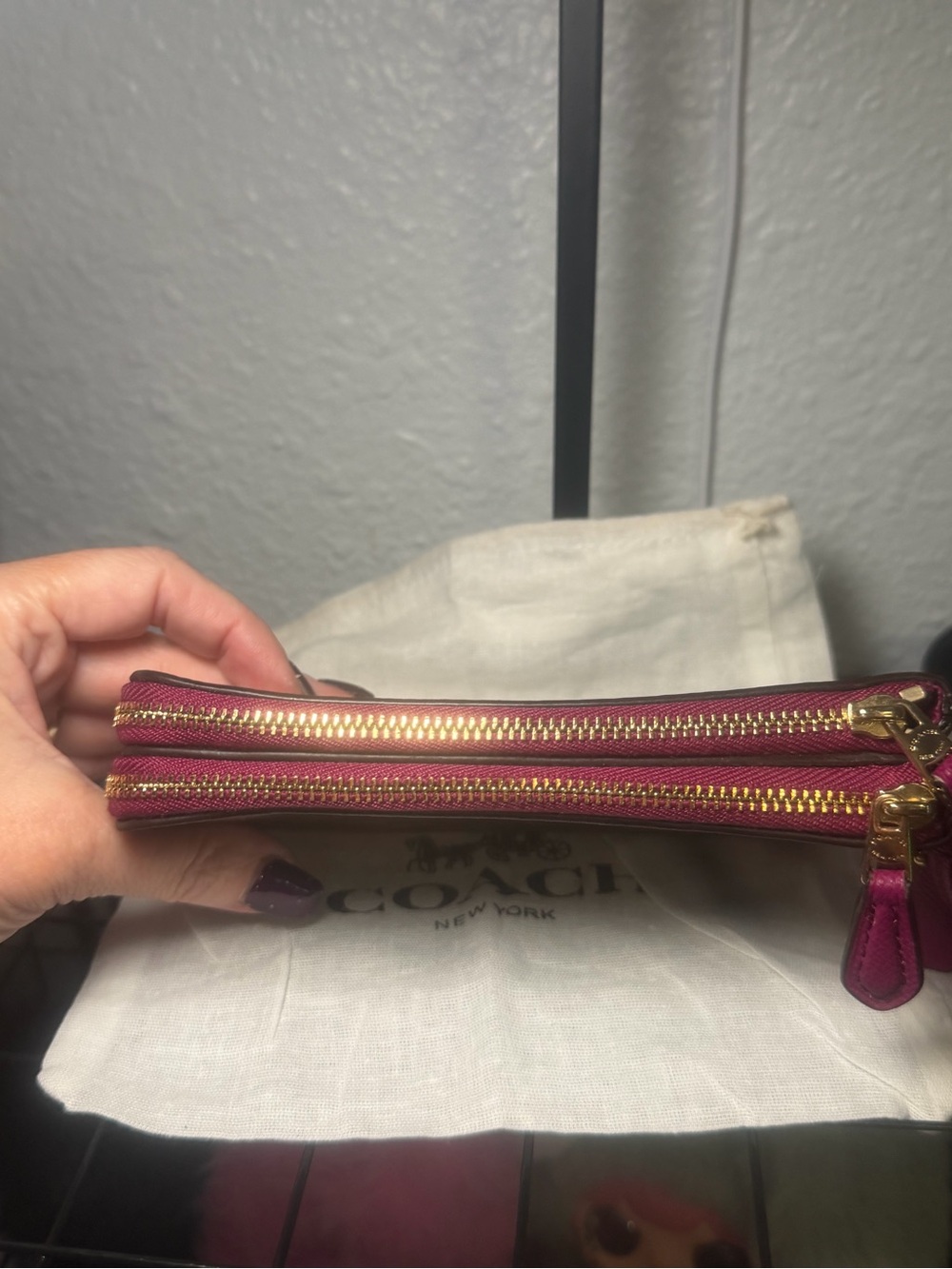 Coach Double Corner Zip Wristlet Brown Signature Fuchsia Pink Wristlet Wallet - Picture 4 of 7